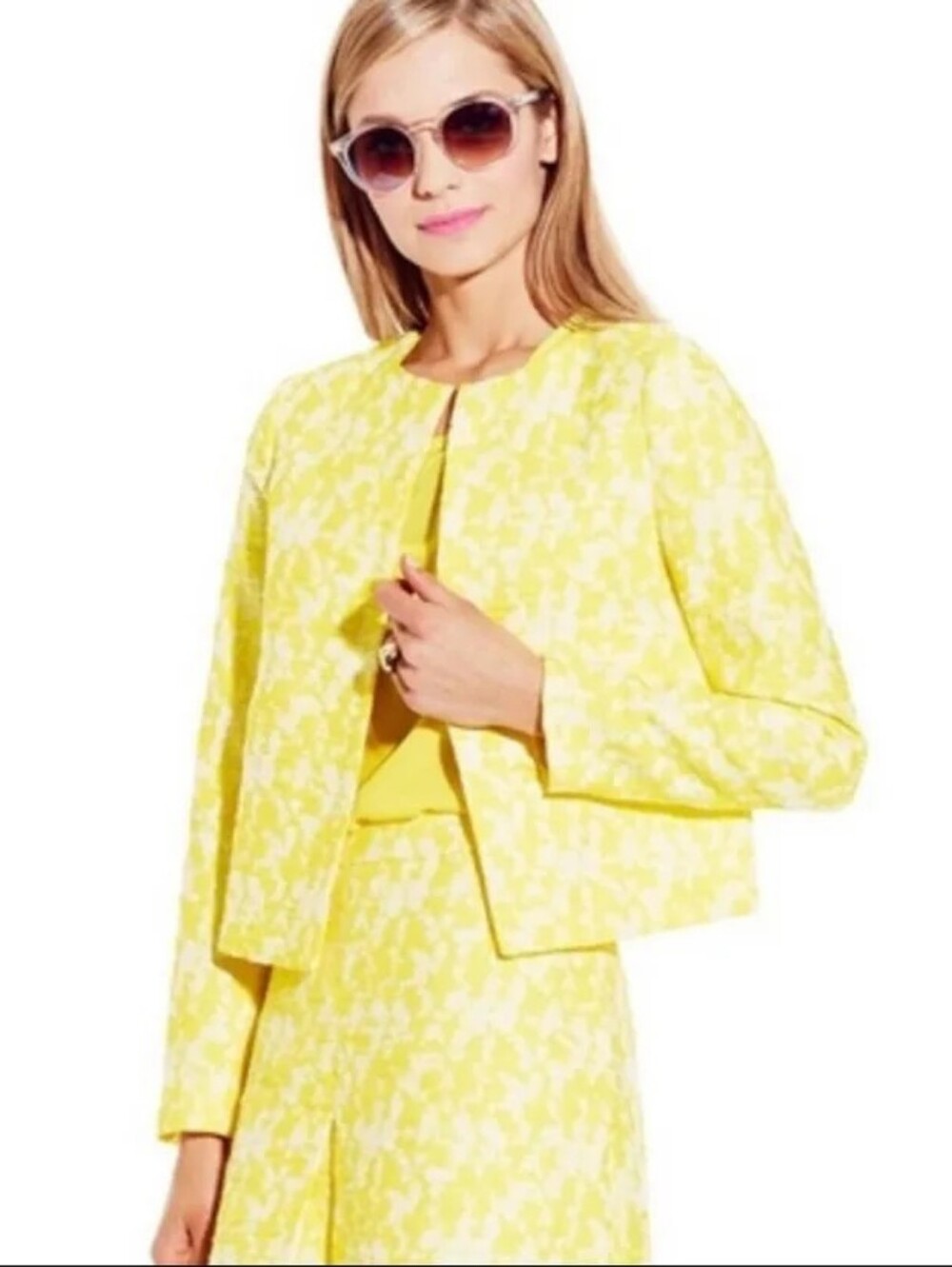 Vince Camuto Textured Jacquard Set Jacket + A-line Skirt Sz 4 Yellow Cream Nwot